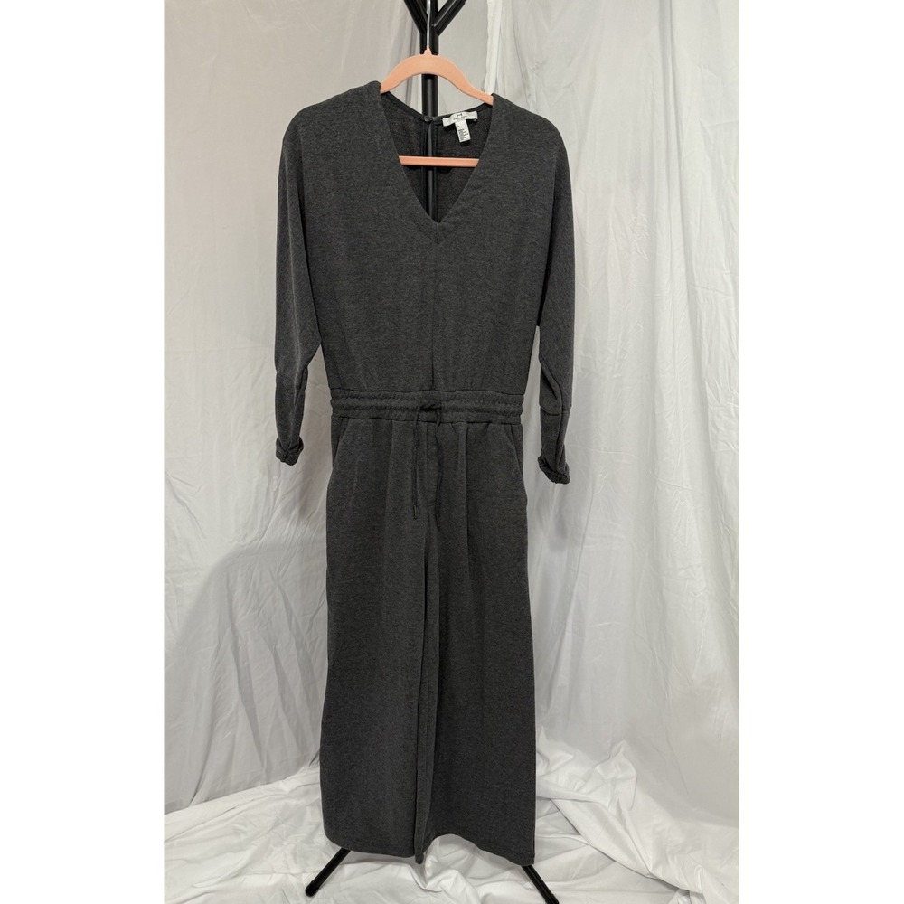 H Halston Studio Grey Long Sleeve Jumpsuit Size Small Drawstring Waist Wide Leg